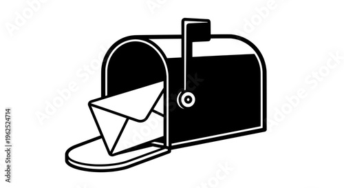 Minimalist black and white mailbox with open envelope inside