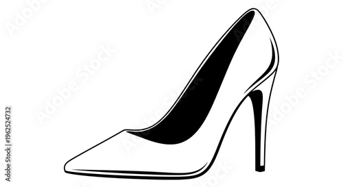 Minimalist black and white line drawing of stiletto high heel shoe
