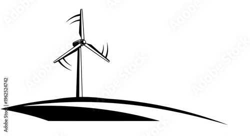 Minimalist black and white wind turbine on curved hill