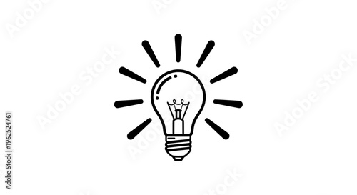 Minimalist black and white light bulb with radiating rays