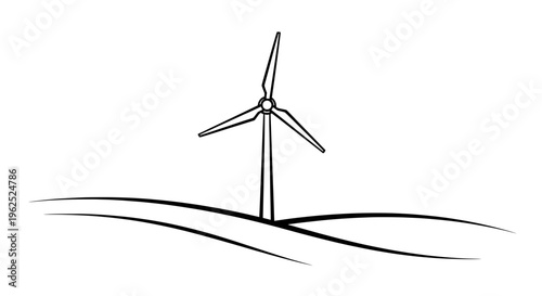 Minimalist black and white wind turbine on curved hill