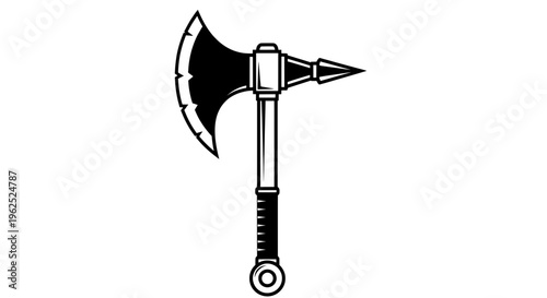 Minimalist black and white line drawing of metal axe