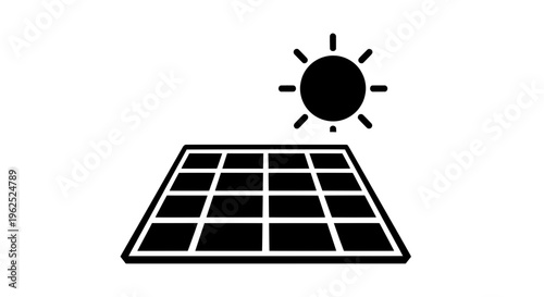 Black and white solar panel with sun rays above