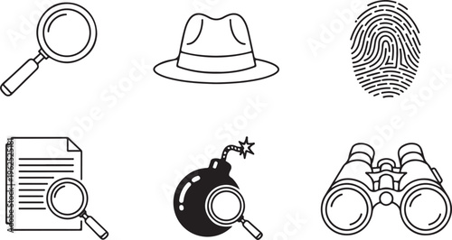 Obraz na płótnie Detective icons, investigation symbols, spy graphics, crime scene, 6 black and w