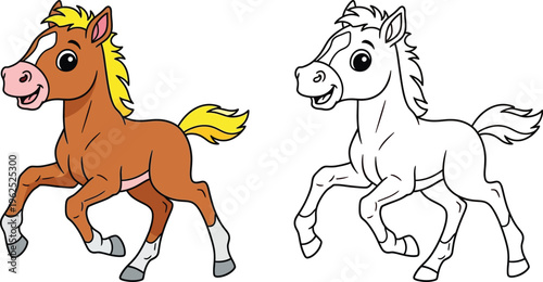 Cute Running Baby Horse Cartoon Illustration and Coloring Page for Kids Brown Foal Pony Line Art Vector