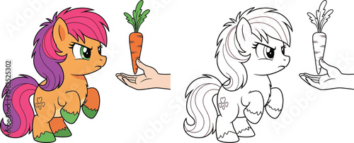 Stubborn Orange Pony Refusing Carrot from Hand Cartoon and Coloring Page Cute Fantasy Horse Illustration for Kids Coloring Book