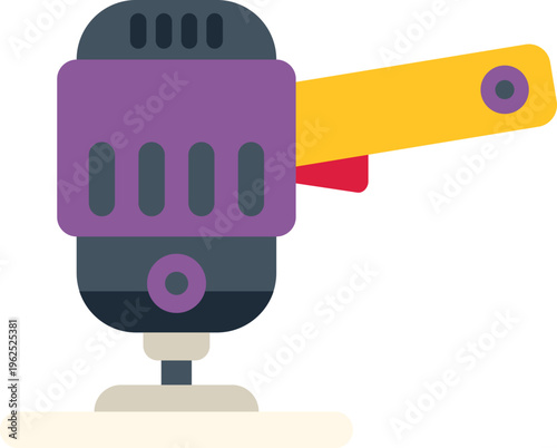Orbital sander tool with a purple body and yellow handle, sanding a surface