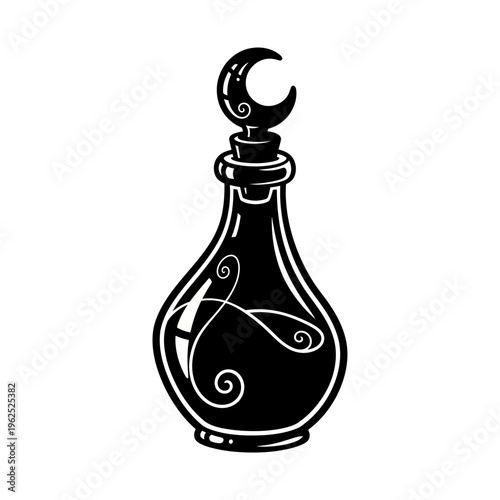 Black and White Magic Potion Bottle Icon with Crescent Moon Stopper