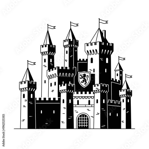 Black and White Medieval Castle Illustration with Heraldic Shield