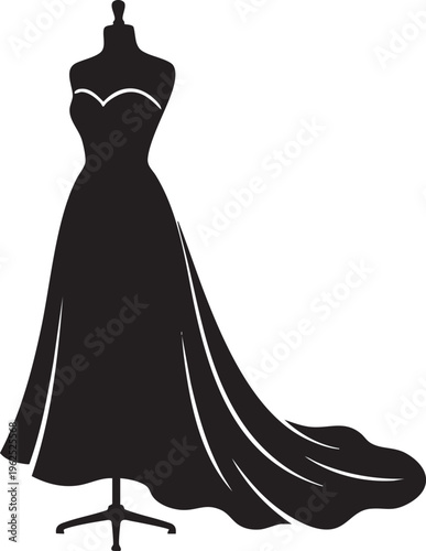 A black silhouette of a long flowing gown displayed on a dressmaker mannequin for formal evening wear fashion design concepts
