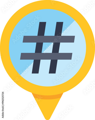 Hashtag symbol on a location pin for social media trending content and geotagging