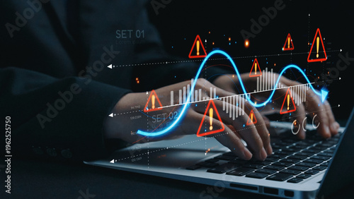 Economic caution visual showing risk alerts and financial volatility. Warning signs highlight economic downturn, market risk, finance crisis, and uncertainty in data-driven analysis. Elide