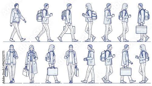 Urban Commuter Human Scale Figures with Backpacks and Coffee Cups – AutoCAD Blueprint Architectural Entourage Top and Side Elevations