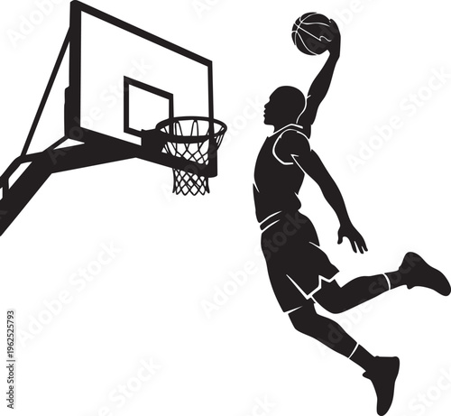A silhouette of an athletic basketball player leaping high in the air to perform a powerful slam dunk shot maneuver