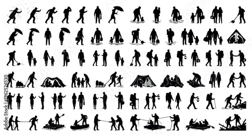 Extreme Weather Survival Silhouettes Set Pack. Editable Vector Stroke Illustration. featuring silhouette, vector, people, human, icon, graphic, set, black, white, design, illustration, individual more