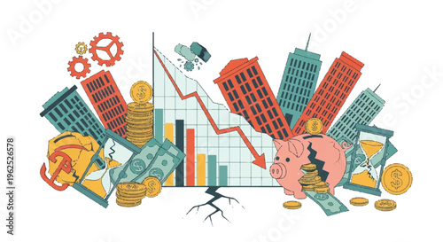 Economic downturn illustration with financial symbols and buildings