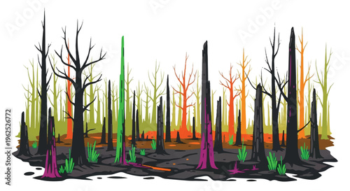 Forest fire aftermath illustration burnt trees with new growth