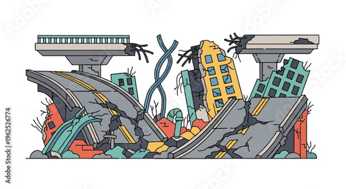 Illustrated depiction of a destroyed urban landscape with damaged buildings and infrastructure