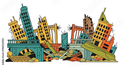 Ruined cityscape illustration with collapsed structures and debris