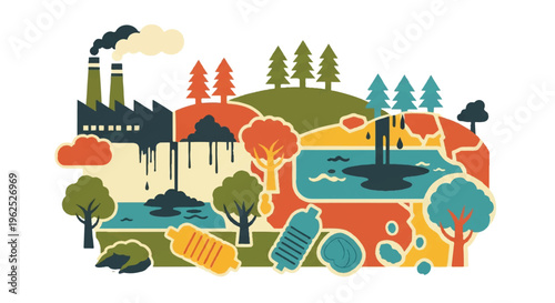 Environmental pollution illustration factory waste and nature interaction