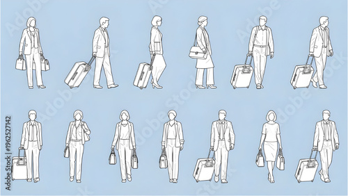 Airport Passenger Human Scale Figures 10 Set – Travelers with Luggage AutoCAD 2D Blueprint Multi-View Elevations