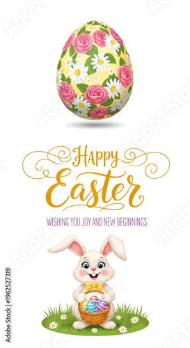 Easter greeting card with floral egg and cute bunny holding a basket