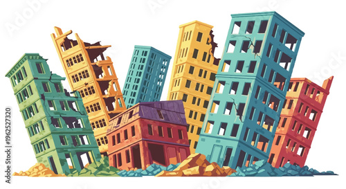 Stylized illustration of damaged buildings post disaster against a white backdrop