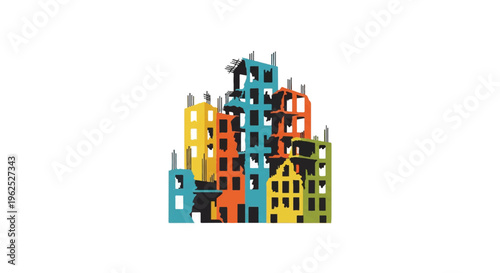 Abstract illustration of colorful damaged buildings on white background