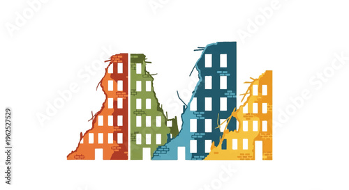 Colorful abstract illustration of damaged buildings post disaster