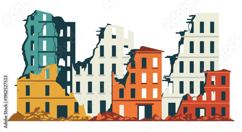 Ruined buildings illustration colorful urban scene concept