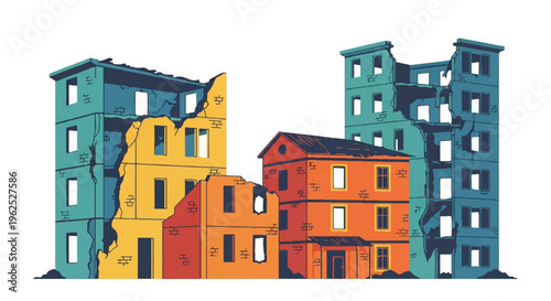 Colorful illustrated buildings damaged after catastrophe isolated