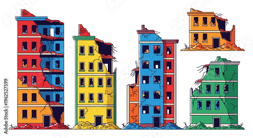 Colorful destroyed buildings illustration for disaster recovery concepts