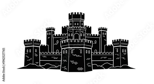 Black and White Silhouette of a Medieval Castle Fortress