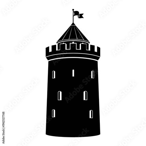 Black and white silhouette of a medieval castle tower with a flag