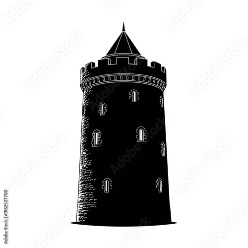 Black and White Silhouette of a Medieval Stone Castle Tower
