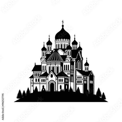 Black and White Silhouette of an Orthodox Church with Domes
