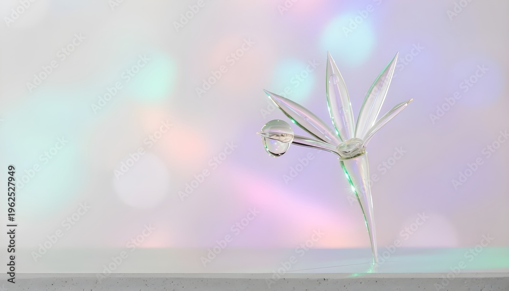 Fototapeta premium Ethereal Transparent Botanical Sculpture with a Pristine Water Droplet, Set Against a Softly Blurred Background of Luminous Bokeh Lights, Evoking Serenity and Delicacy