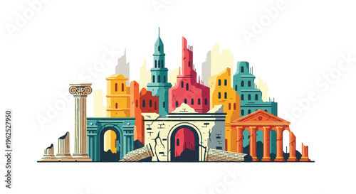 Colorful stylized illustration of ancient city architecture with varied structures