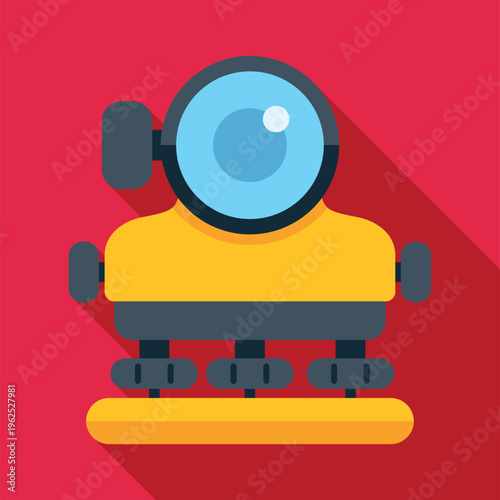 Yellow deep sea diving helmet icon featuring a round viewport and heavy construction on a red background