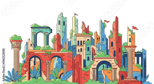 Colorful cartoon illustration of an abstract architectural environment