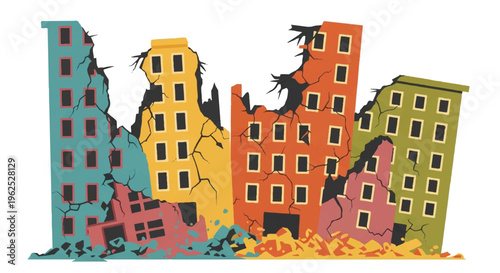 Colorful buildings destroyed illustration disaster urban scene