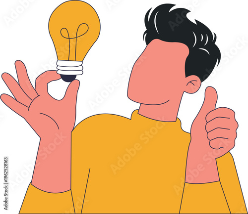 flat illustration of man holding bulb idea, concept of creativity and success
