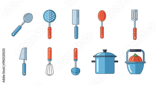 A collection of brightly colored kitchen tools and cookware, arranged in a simple, illustrative style.