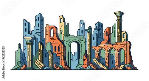 Stylized ruins illustration colorful structures isolated