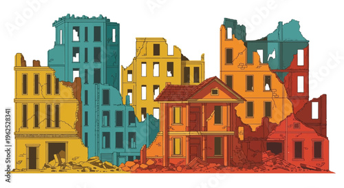 Ruined buildings illustration colorful urban scene