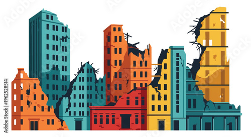 Destroyed buildings illustration urban ruin and environmental disaster concept