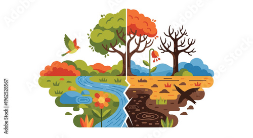 Illustrated depiction of changing seasons with trees river and bird in nature scene