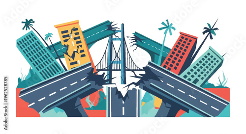 Cityscape destruction vector illustration broken structures and bridge