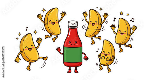 Playful potato fries characters dancing around ketchup bottle in a fun illustration