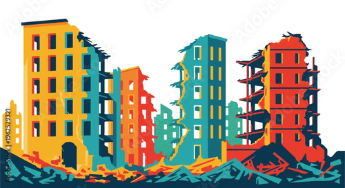 Colorful stylized buildings ruins illustration
